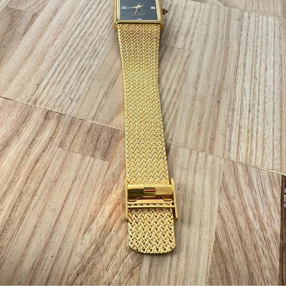 Vintage style Xavier mens rectangular gold tone dress watch NEW BATTERY